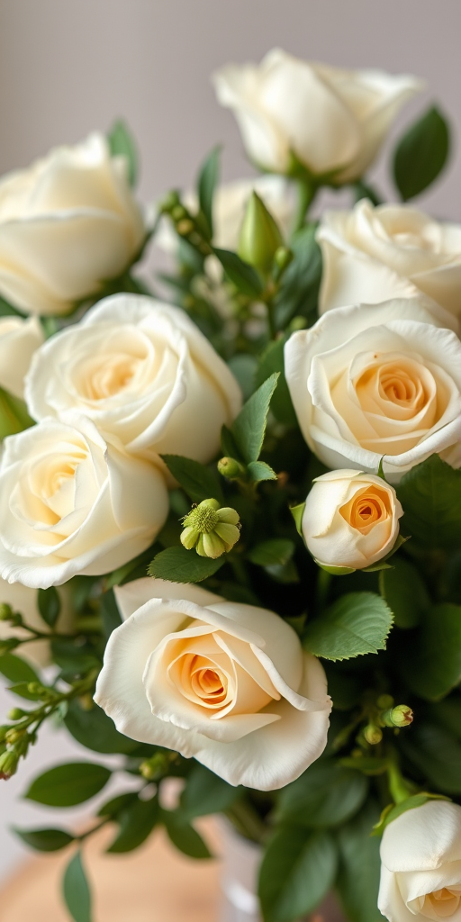 Create a high-resolution image of a bouquet featuring white roses and greenery, using a DSLR camera with a 50mm lens, aperture set to f/2.8, ISO 100, and a shallow depth of field for a soft background blur, framed from a slightly elevated angle to showcase the flowers and leaves.