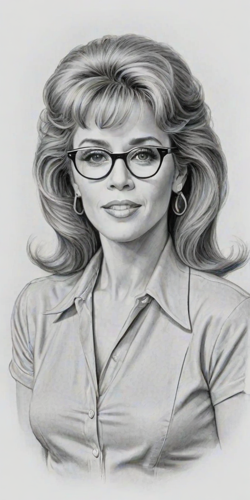 Pleasing Jane Fonda, pencil sketch, portrait of Radiant woman 1942s in glasses, hair style beatnik, outline, clear lines, fine lines, 8k