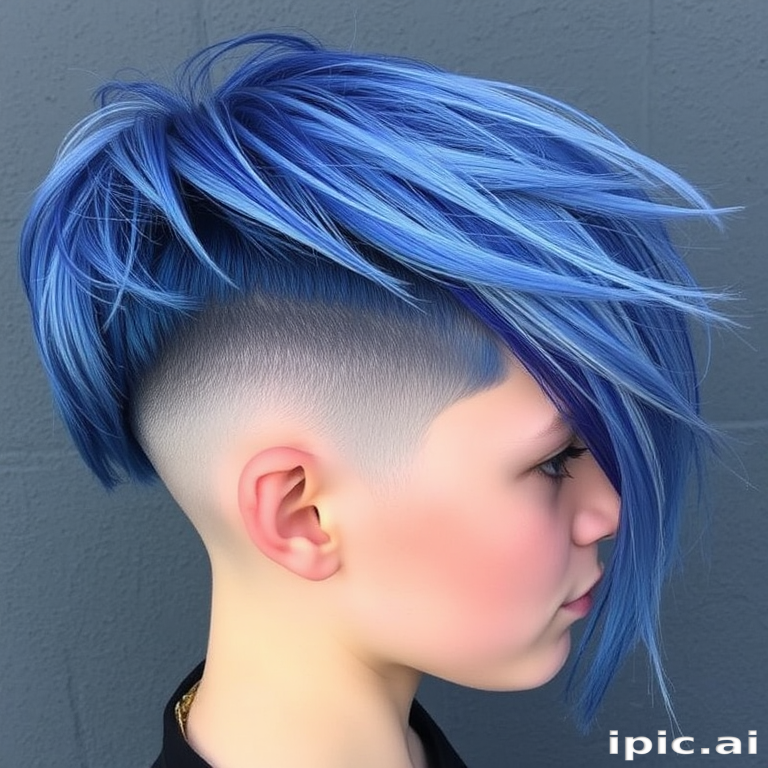 Edgy blue and silver undercut dubbed "Electric Frost" combines a closely cropped sides with long, swept-over top layers featuring a metallic sheen and icy highlights