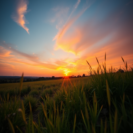 Generate an image of a serene landscape at sunset with vibrant colors, using a Canon EOS R5 camera, 50mm lens, f/1.8 aperture, ISO 100, 1/200s shutter speed, capturing a wide-angle view from a low perspective for enhanced depth and clarity.