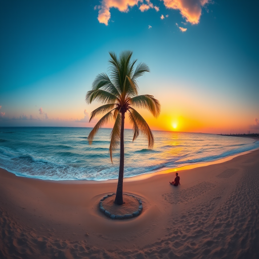 Create a vibrant beach scene at sunset with a palm tree, gentle waves, a person relaxing in the sand, clear sky with clouds, using a DSLR camera, aperture f/8, shutter speed 1/200s, ISO 200, wide-angle lens for a panoramic view.