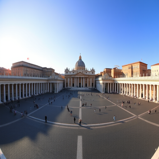capture a panoramic view of St. Peter's Square in Vatican City under clear blue skies during golden hour, using a full-frame DSLR, 24mm lens at f/8, ISO 100, 1/250s for enhanced clarity and depth