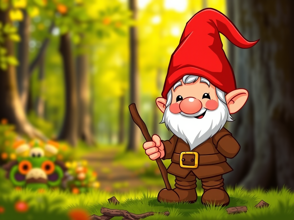 Create a vibrant illustration of a cheerful gnome character with a red hat and a brown outfit holding a stick, set against a lush forest background, using a DSLR camera with a 50mm lens, aperture f/1.8, ISO 100, and a shallow depth of field for a soft blur effect.