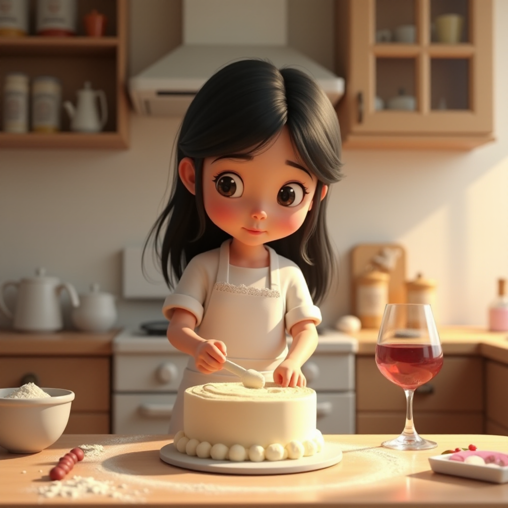 A Pixar-style CGI girl with black hair and black eyes wearing a white apron with lace stands in a kitchen and kneads cake batter. There is flour dust in the air, a glass of wine on the table and the cake ingredients are scattered around. 3D, with "ipic ai" at the back
