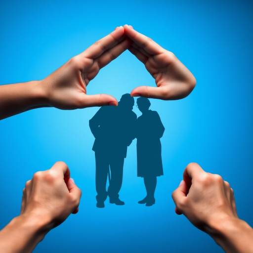 Create an image of two hands forming a protective gesture over a silhouette of an elderly man with a cane and an elderly woman, set against a gradient blue background, using a Canon EOS R5, 50mm lens, aperture f/2.8, ISO 100, with soft diffused lighting and a shallow depth of field for enhanced image quality.