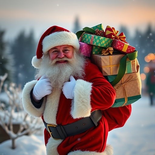 A joyful Santa Claus carrying a large sack of colorful presents, surrounded by a snowy landscape and soft falling snowflakes, captured with a Canon EOS R5, 50mm lens, f/1.8 aperture, ISO 100, at dawn with a warm color palette for enhanced vibrancy.