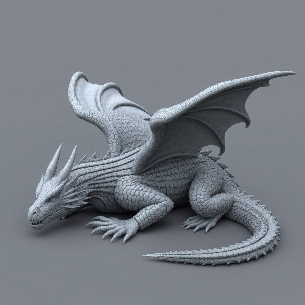 create a highly detailed 3D dragon resting on its belly with scales in shades of gray, large wings folded against its body, sharp features, intricate texture, and a fierce yet majestic appearance, set against a plain background.