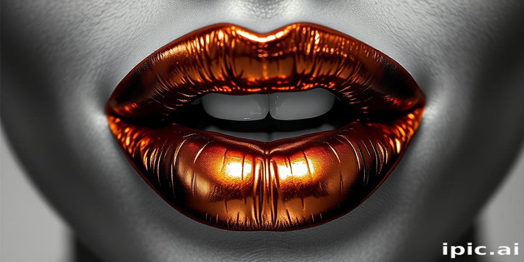 Fierce metallic bronze lips with a liquid metal finish, reflecting light dramatically and creating a bold statement, photographed in high-contrast black and white