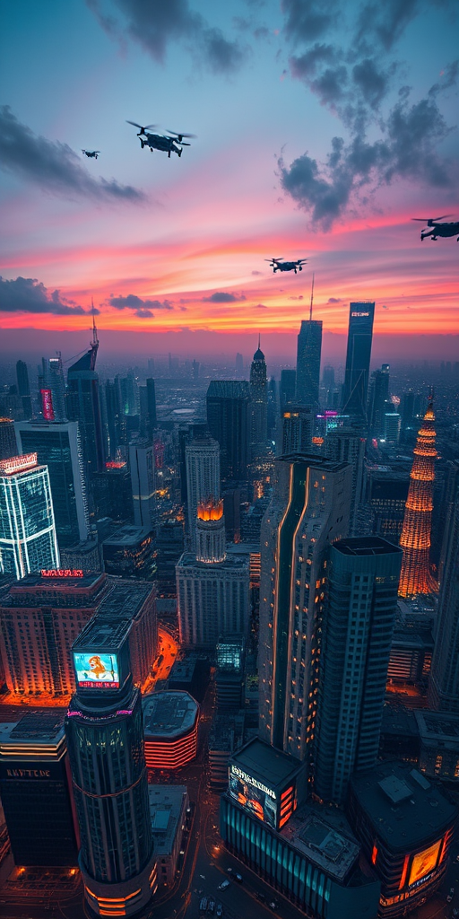 Generate a high-resolution image of a futuristic city skyline at dusk, with vibrant neon lights and flying vehicles, captured with a Canon EOS R5, 24mm f/1.4 lens, ISO 200, aperture f/4, shutter speed 1/60s, using an aerial view for a dramatic perspective.