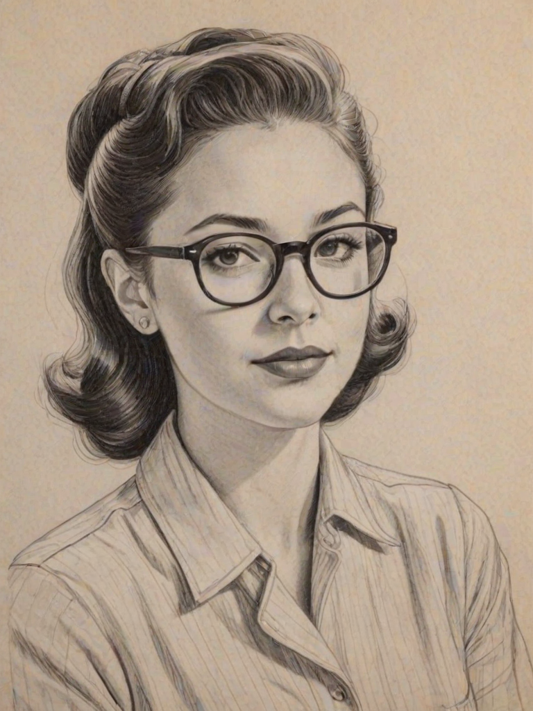 Alluring Aubrey Anderson-Emmons, pencil sketch, portrait of Ravishing woman 1943s in glasses, hair style beatnik, outline, clear lines, fine lines, 8k