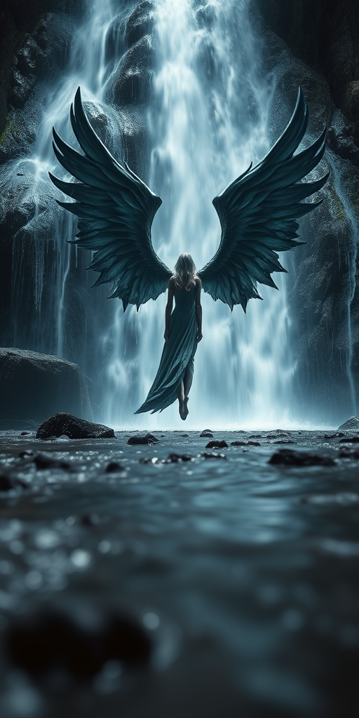 A fantasy scene depicting a mystical figure with large, majestic wings standing in a waterfall with ethereal lighting, captured with a Canon EOS R5, 50mm lens, f/1.8, ISO 200, long exposure to enhance water flow effects, with a low-angle shot to emphasize the figure's presence against the cascading water.