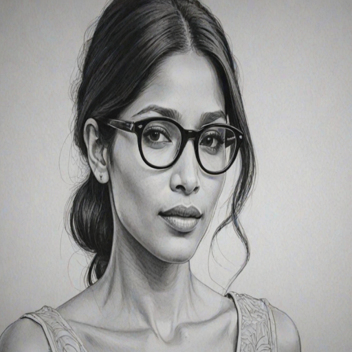 Elegant Freida Pinto, pencil sketch, portrait of Radiant woman 1971s in glasses, hair style beatnik, outline, clear lines, fine lines, 8k