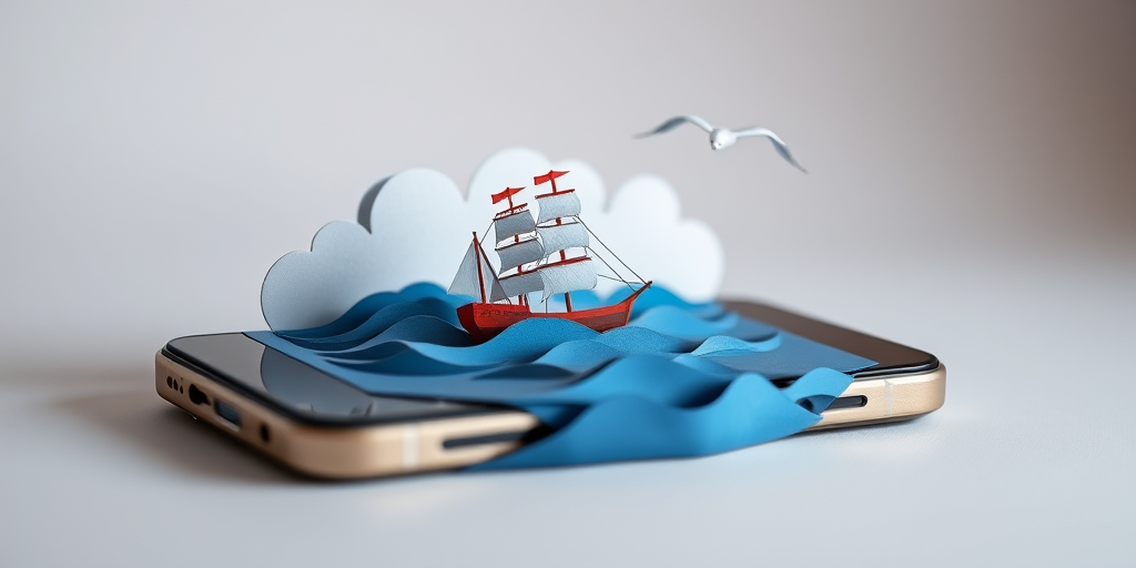 create a three-dimensional paper art scene of a ship sailing on waves emerging from a smartphone, with clouds and seagulls in the background, shot with a 50mm lens at f/1.8 aperture, ISO 200, and a softbox for even lighting, in a close-up perspective to enhance detail and depth.