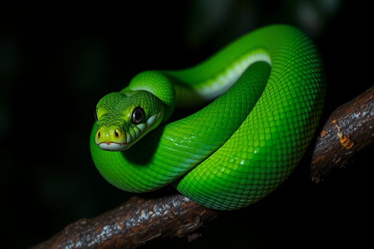 Capture a close-up of a green snake coiled on a tree branch in low light, using a Canon EOS 5D Mark IV, 50mm lens, aperture f/1.8, ISO 400, shutter speed 1/200 sec, with a shallow depth of field to highlight the snake's scales and eyes against a blurred dark background.