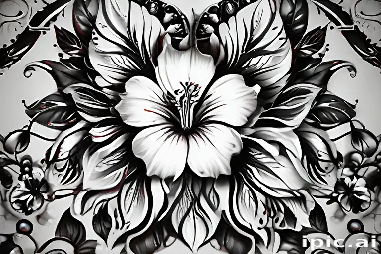 Intricate Black and White Floral Design Featuring a Central White Blossom