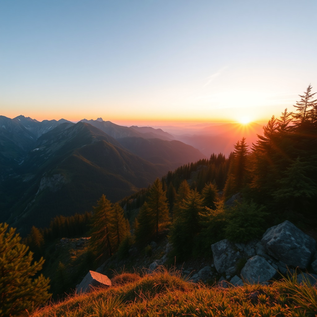 Create a high-resolution image of a serene mountain landscape during sunrise with a wide-angle view, using a Canon EOS R5, f/11 aperture, ISO 100, and a shutter speed of 1/200 sec, focus on vibrant colors and natural details.