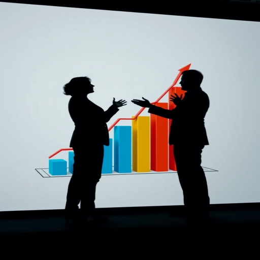 create a professional business presentation scene featuring two silhouetted figures gesturing toward a 3D bar graph with upward trends, shot with a Canon EOS R5 at f/2.8, ISO 100, 50mm lens, in landscape orientation for optimal clarity and sharpness