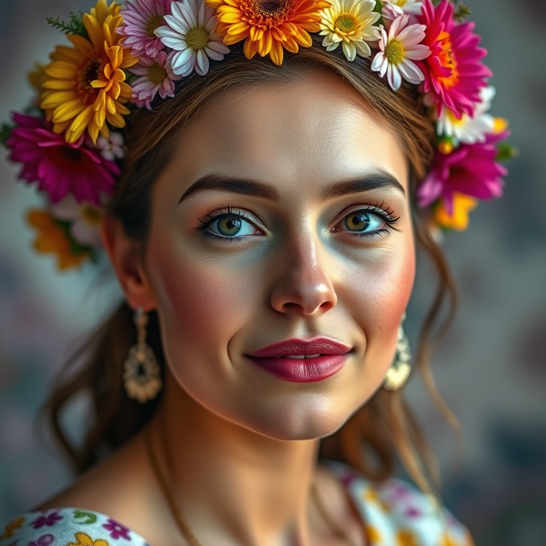 Generate a high-resolution portrait of a woman adorned with a crown of colorful flowers, vibrant and detailed, soft lighting, using a Canon EOS R5, with a 50mm f/1.2 lens, shot at ISO 100, aperture f/1.2, and a shallow depth of field to enhance the background blur.
