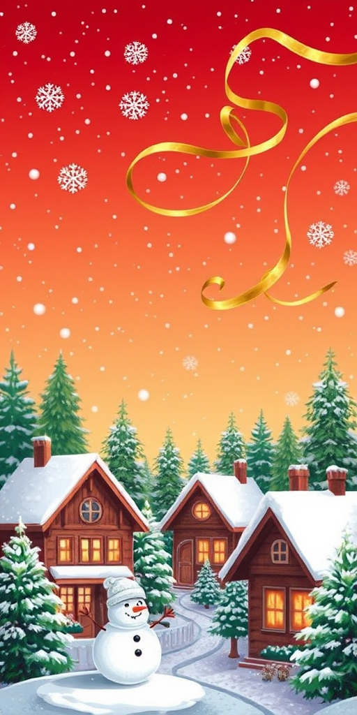 Create a winter scene with a bright red and orange gradient sky filled with snowflakes. Include cozy, snow-covered houses with green pine trees surrounding them. Add a cheerful snowman in the foreground, and incorporate swirling golden ribbons in the sky for a festive touch.