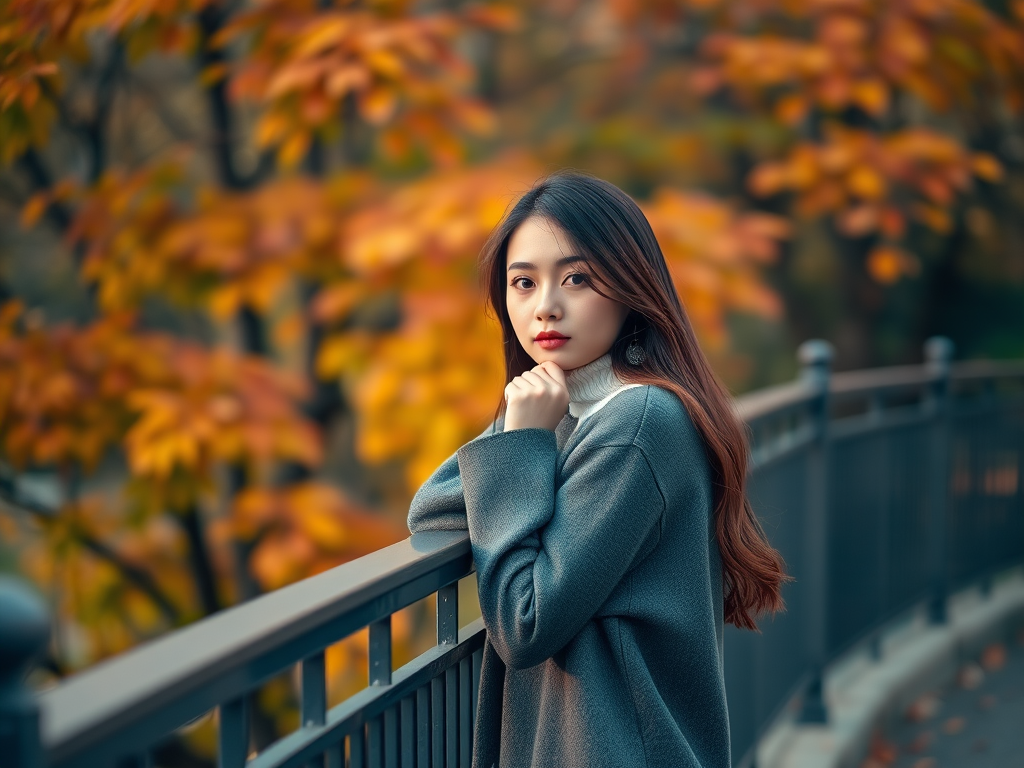 Capture a serene autumn scene of a young woman thoughtfully posing beside a railing, surrounded by vibrant fall foliage, using a Canon EOS R5 camera with a 50mm f/1.2 lens, aperture set to f/1.8, ISO 200, and a soft, diffused natural light for a dreamy bokeh effect.