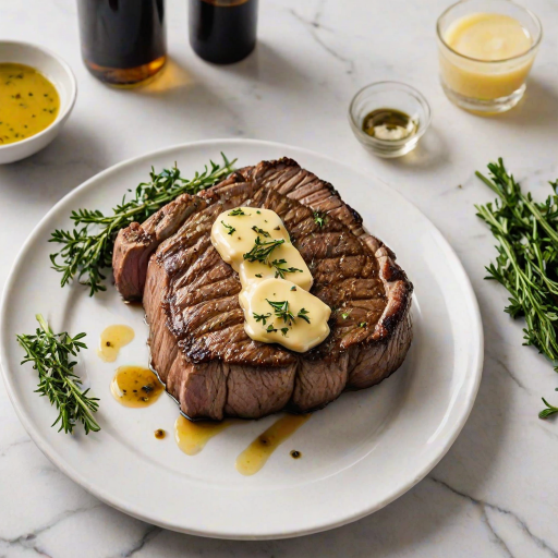 Create an image of a perfectly seared ribeye steak, resting on a white plate with a pat of melting butter on top. The steak is seasoned with fresh herbs like thyme and parsley, with glistening juices highlighting the texture of the meat. The background features a soft focus on a light, marble countertop, with a small dish of butter and an olive oil bottle in the distance. The overall mood should be warm and inviting, capturing the deliciousness and juiciness of the steak.