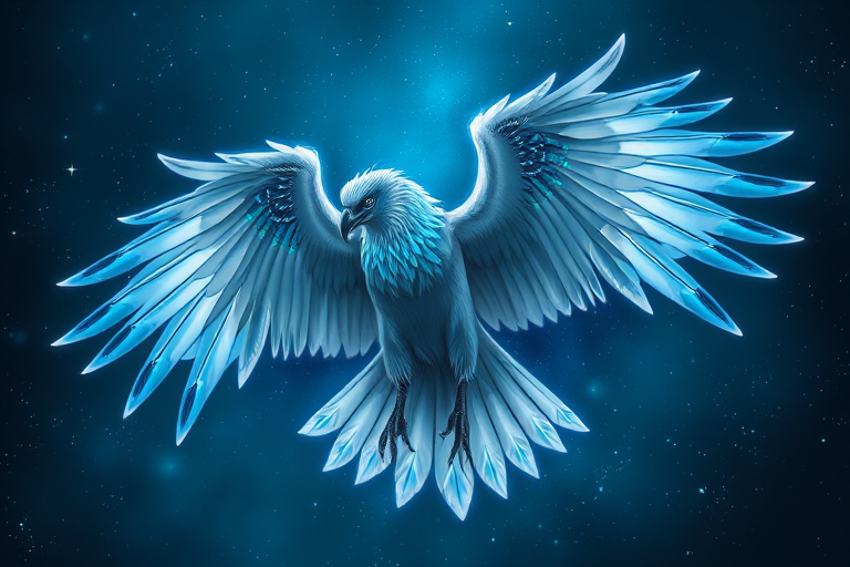 Create a highly detailed and vibrant illustration of a mythical raven with white feathers and glowing blue accents, capturing a dynamic pose as it spreads its wings amidst a starry night sky, using a Canon EOS R5, 50mm lens, f/1.8 aperture, ISO 100, and a slight vignette effect for depth.