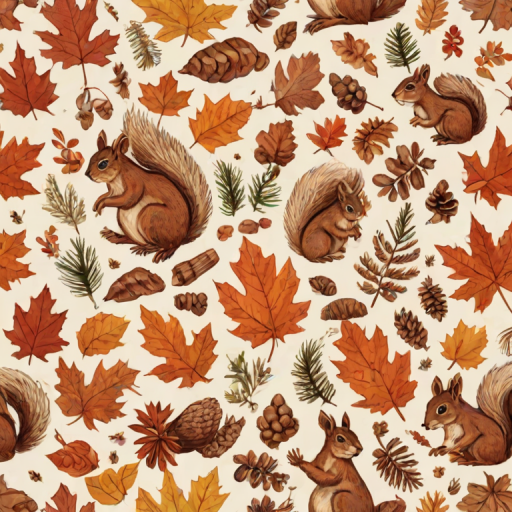 Regenerate an illustrated pattern featuring squirrels, rabbits, acorns, pine cones, and various autumn leaves on a light background.