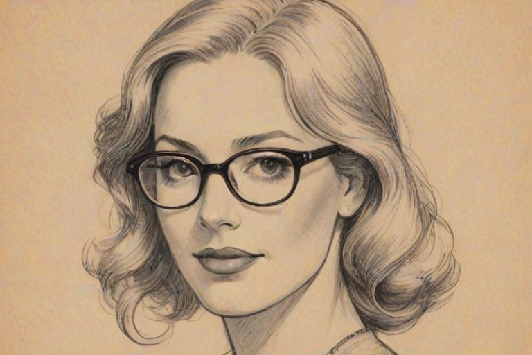 Fascinating Cindy Margolis, pencil sketch, portrait of Radiant woman 1920s in glasses, hair style beatnik, outline, clear lines, fine lines, 8k