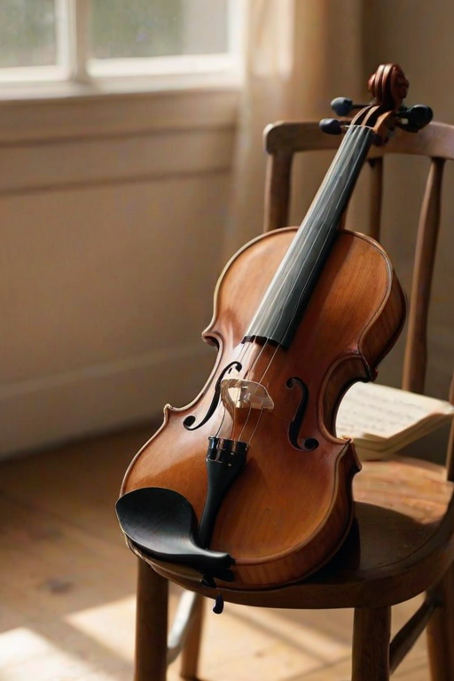 Close-up of a violin resting on a wooden chair in a softly lit room, soft light from a nearby window illuminating the strings, with sheet music scattered on the floor in the background.