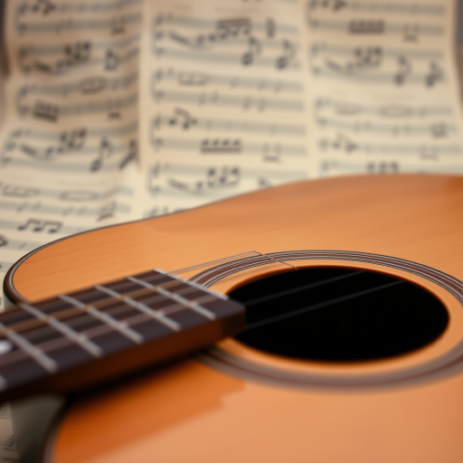 Create a high-resolution image of a guitar and sheet music background with soft focus, using a DSLR camera, 50mm lens, aperture f/1.8, ISO 100, shot from a slightly elevated angle to capture the textures and details.