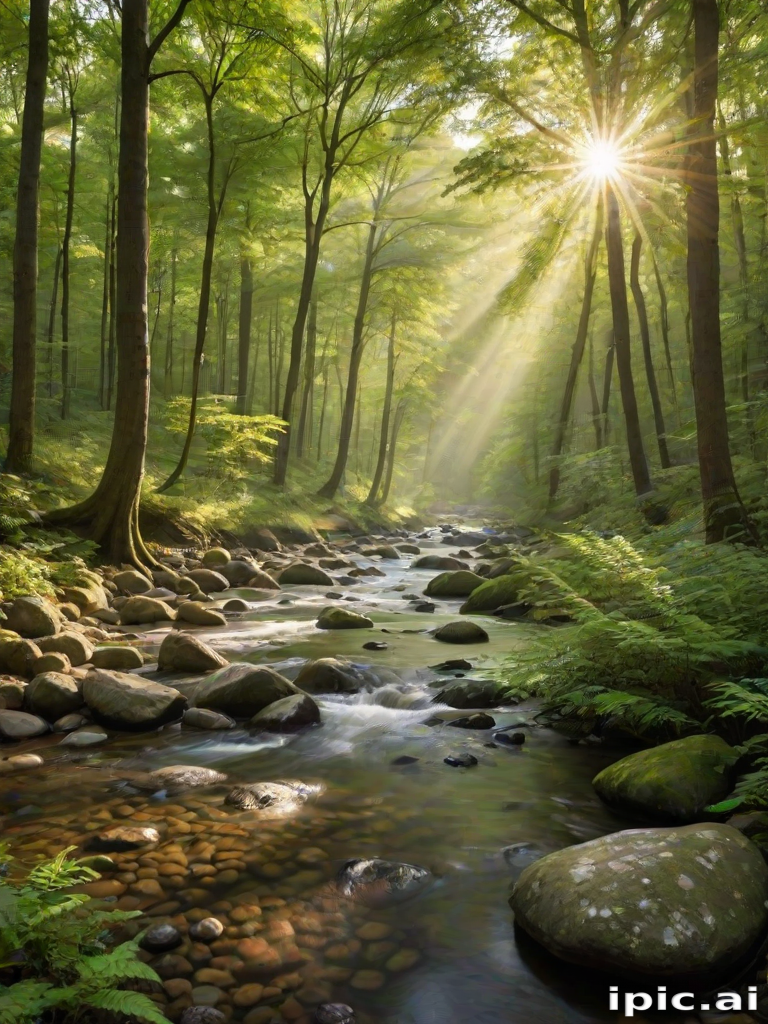 Create an image of a serene, sunlit forest scene with a clear, gently flowing river. Tall trees with lush green foliage line both sides of the river, their leaves bathed in the warm golden light of the setting or rising sun. The sunlight filters through the trees, casting soft, dappled light on the river, which flows over smooth rocks and pebbles, creating a peaceful, natural atmosphere. The sky is bright with a few scattered clouds, and the overall mood is tranquil, evoking a deep sense of connection with nature. The image captures the beauty of a calm, pristine forest landscape at either dawn or dusk.
