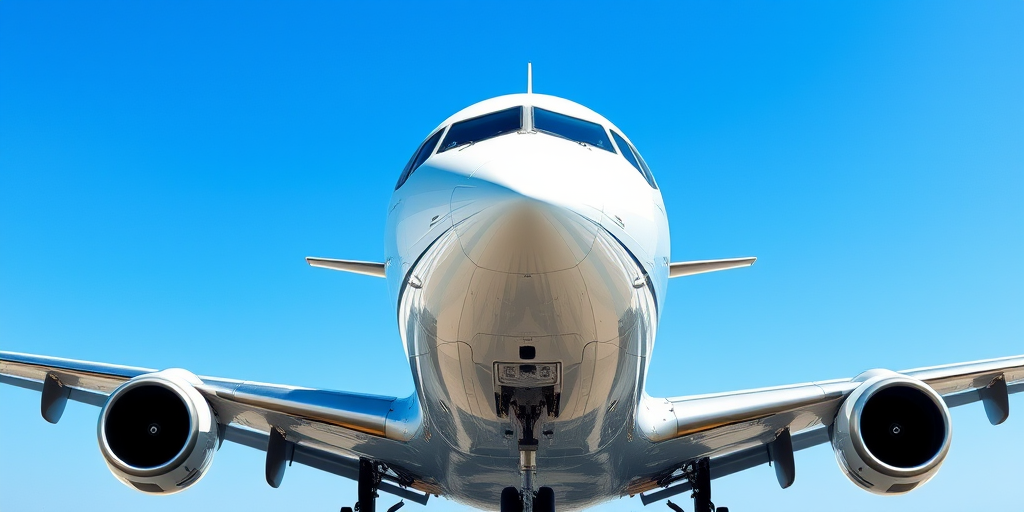 high-resolution illustration of a modern airplane, front view, clear blue sky background, natural lighting, 50mm lens, f/8 aperture, ISO 100, digital camera