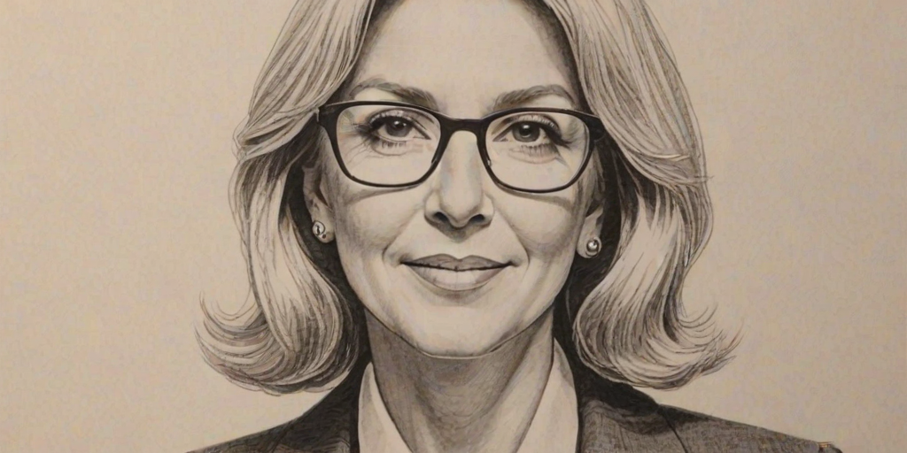 Ravishing Betsy DeVos, pencil sketch, portrait of Radiant woman 1972s in glasses, hair style beatnik, outline, clear lines, fine lines, 8k
