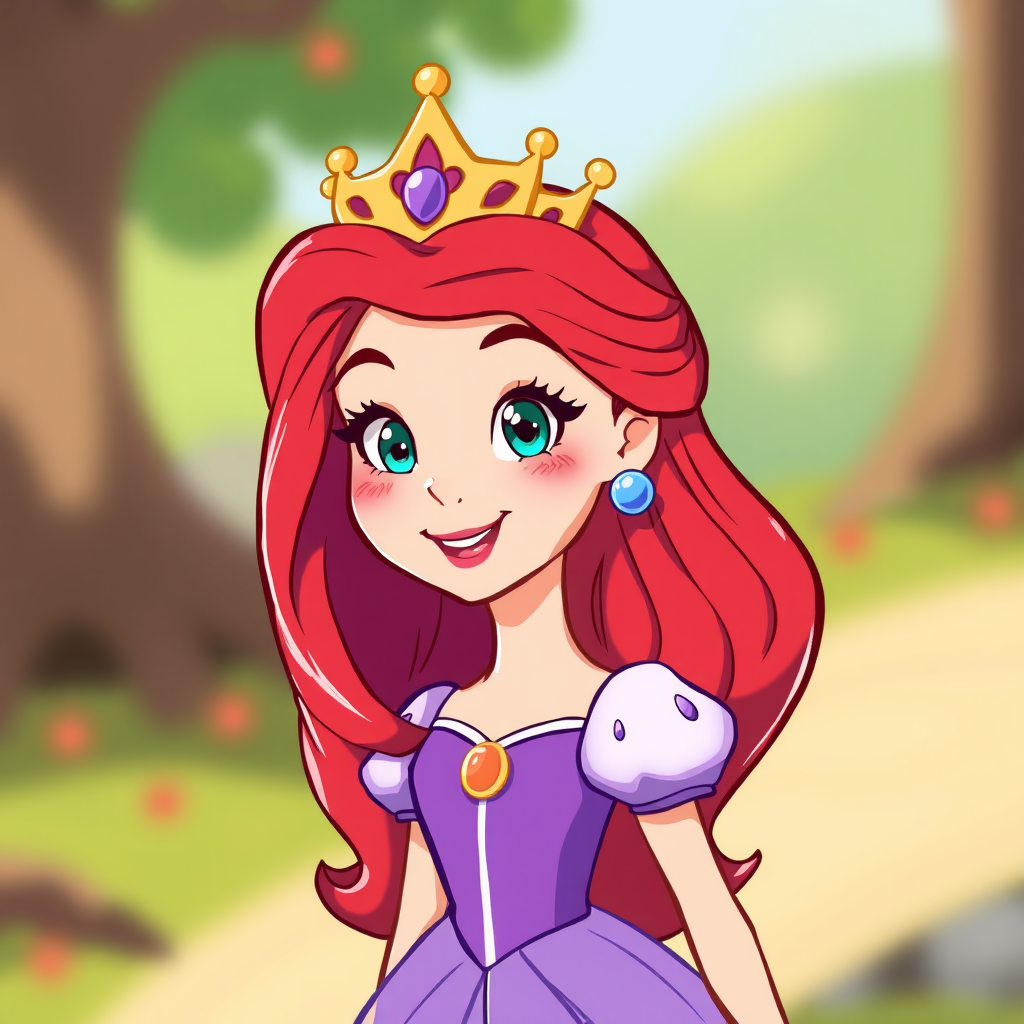 Generate a vibrant illustration of a cartoon princess with a golden crown and red hair, wearing a purple dress with white accents, captured in bright colors, using a digital art style, with high resolution for a clean finish.