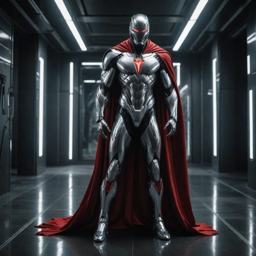 An ultrarealistic photograph of an enormous minimalist futuristic full-body power suit, without lights, made of white metal and polymer, full crystal hull, for a muscular man, imposing, modern minimalism, elegant, dystopia, mysterious, godlike, scary, in a dark room, with a red cape, 8k