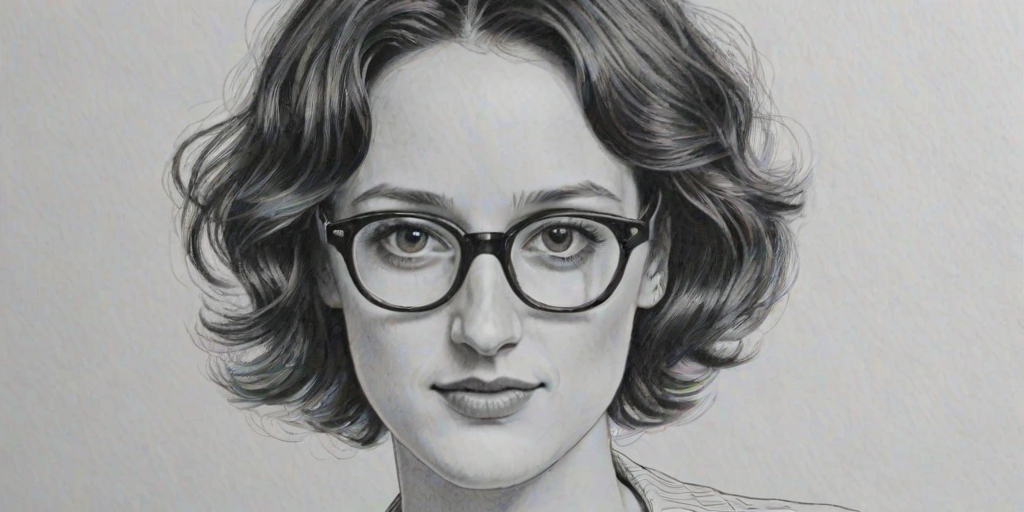 Enticing Phoebe Waller-Bridge, pencil sketch, portrait of Splendid woman 1966s in glasses, hair style beatnik, outline, clear lines, fine lines, 8k