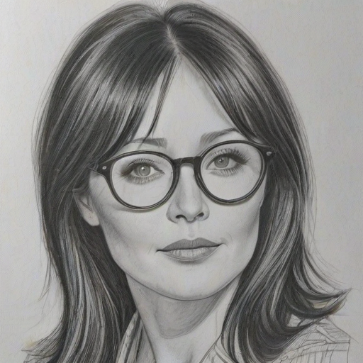 Gorgeous Shannen Doherty, pencil sketch, portrait of Bewitching woman 1972s in glasses, hair style beatnik, outline, clear lines, fine lines, 8k