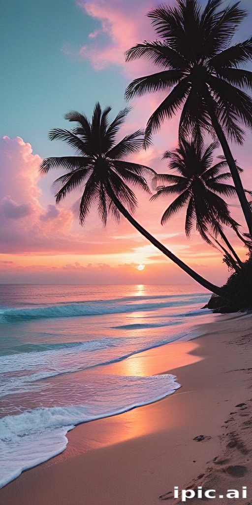 Serene Sunset Over Tranquil Beach with Silhouetted Palm Trees and Waves