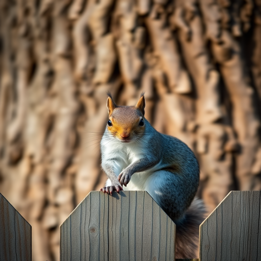 squirrel sitting on a wooden fence in front of a textured tree trunk, natural lighting, close-up shot, f/4 aperture, ISO 200, 1/250 sec shutter speed, DSLR camera, 50mm lens, shallow depth of field for sharp subject focus and blurred background