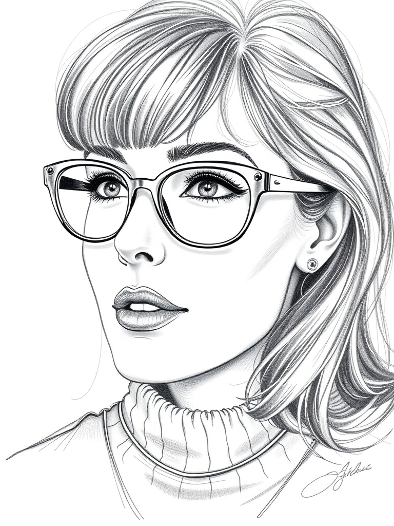 Beautiful Maggie Smith, pencil sketch, portrait of beautiful woman 60s in glasses, hair style beatnik, outline, clear lines, fine lines, 8k