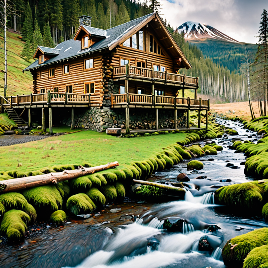 a large log log house near a mossy stream in an evergreen forest with ...