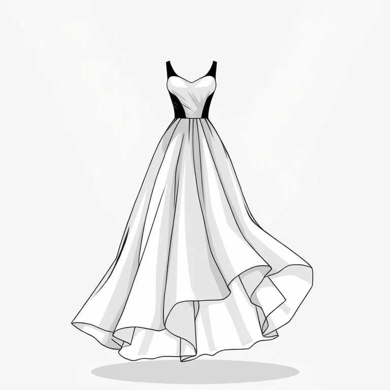 fashion illustration of a black and white dress with a flowing skirt, studio lighting, f/2.8 aperture, ISO 100, 50mm lens, shallow depth of field, high resolution image