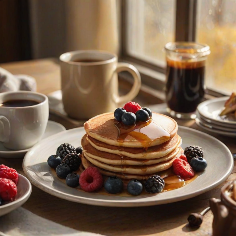 Warmly lit photo of a cozy breakfast scene, with soft golden light illuminating a plate of pancakes topped with fresh berries, maple syrup, and a steaming cup of coffee.