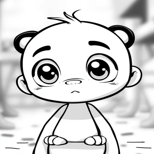 Create a high-resolution black and white illustration of a cartoon character with large expressive eyes and a simplistic design, using a DSLR camera with a 50mm lens, aperture set to f/2.8, ISO 100, and a shallow depth of field to emphasize the character against a blurred background.