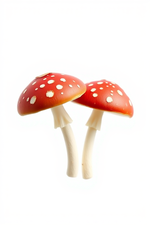 generate a minimalistic illustration of two red mushrooms with white spots on a blank white background, using a DSLR camera with a 50mm lens, aperture set to f/2.8, ISO 100, and a shallow depth of field for a soft focus effect.