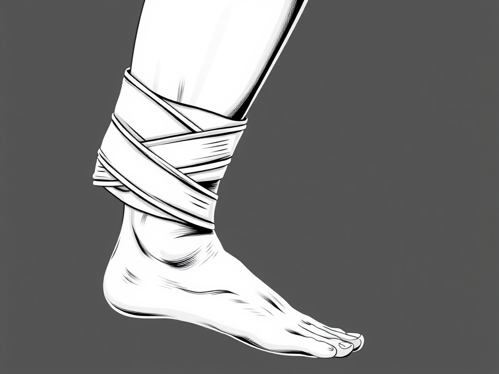 Create a high-resolution black and white illustration of a bandaged leg in a side view, using a detailed vector style with smooth lines, captured with a DSLR camera at f/8 aperture, ISO 100, and a focal length of 50mm to enhance clarity and contrast.