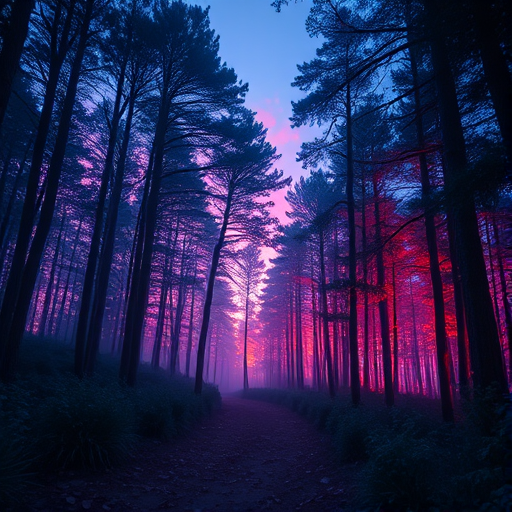 Create a high-definition illustration of a mystical forest scene at twilight, focusing on vibrant colors and soft lighting, using a DSLR camera with an aperture of f/2.8, ISO 400, 24mm lens, and capturing a wide-angle view with a shallow depth of field.