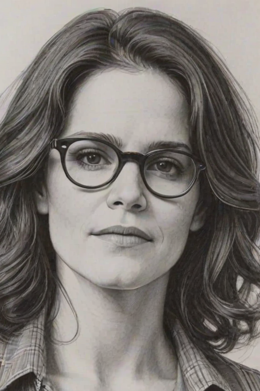 Charming Ally Sheedy, pencil sketch, portrait of Sublime woman 1971s in glasses, hair style beatnik, outline, clear lines, fine lines, 8k