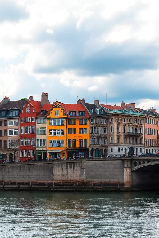 Capture a vibrant urban scene featuring historic buildings lining a riverbank under a cloudy sky, using a DSLR camera with a 50mm lens, aperture f/8, ISO 200, shutter speed 1/200s, in natural light to enhance clarity and detail.