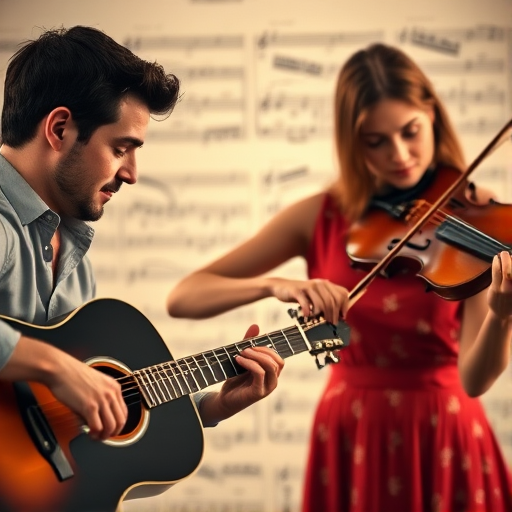 Regenerate an artistic image of a man playing guitar and a woman playing violin, overlaid with sheet music in the background, using a DSLR camera with a 50mm lens, aperture set to f/2.8, ISO 200, shallow depth of field, soft lighting, and a warm color palette.